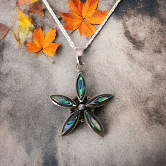 Abalone Star Sterling Necklace 925 Silver Pendant Daisy Flower 18" Beach Coastal - Picture 1 of 16